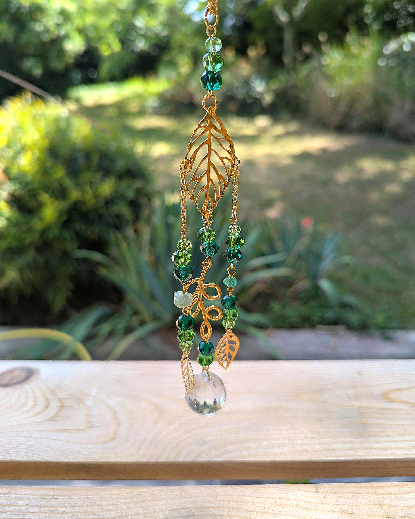 Nature Light Catcher with Golden Leaves and Green Crystals