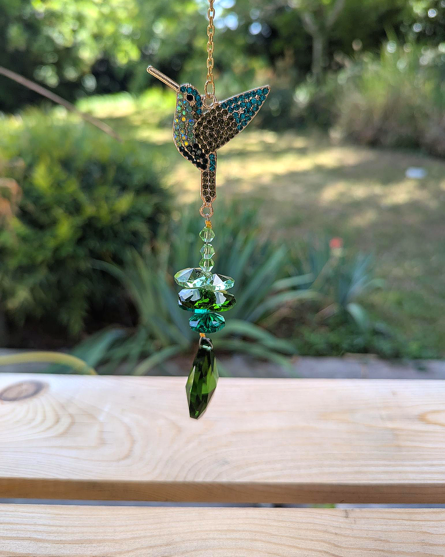 Hummingbird Crystal Light Catcher with Green Gem Accents
