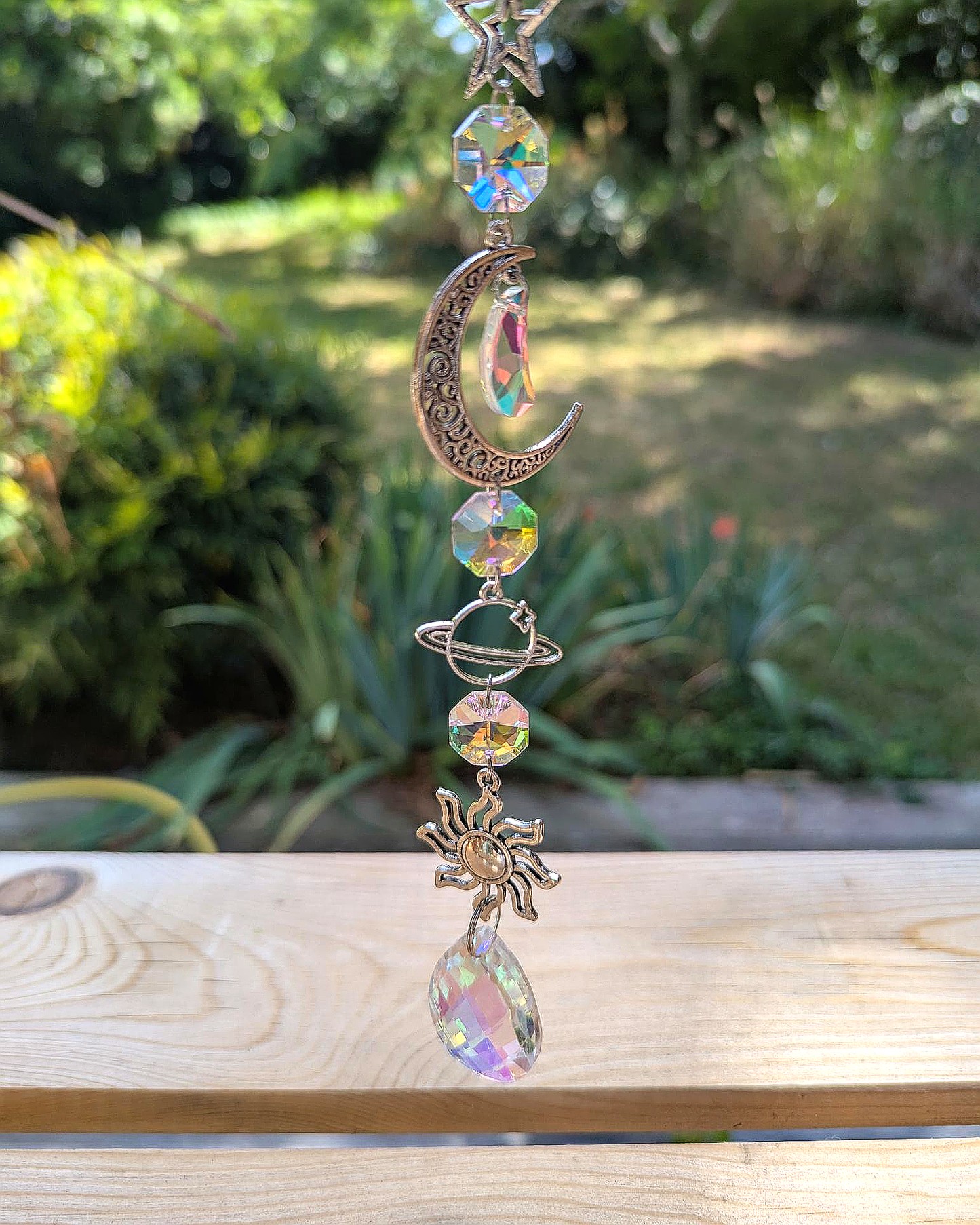 Celestial Crystal Light Catcher with Moon and Sun Charms