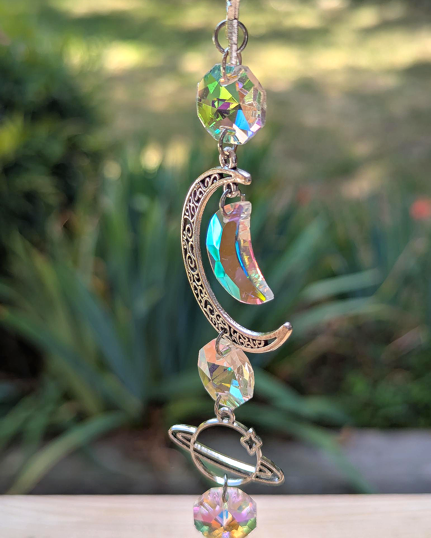 Celestial Crystal Light Catcher with Moon and Sun Charms