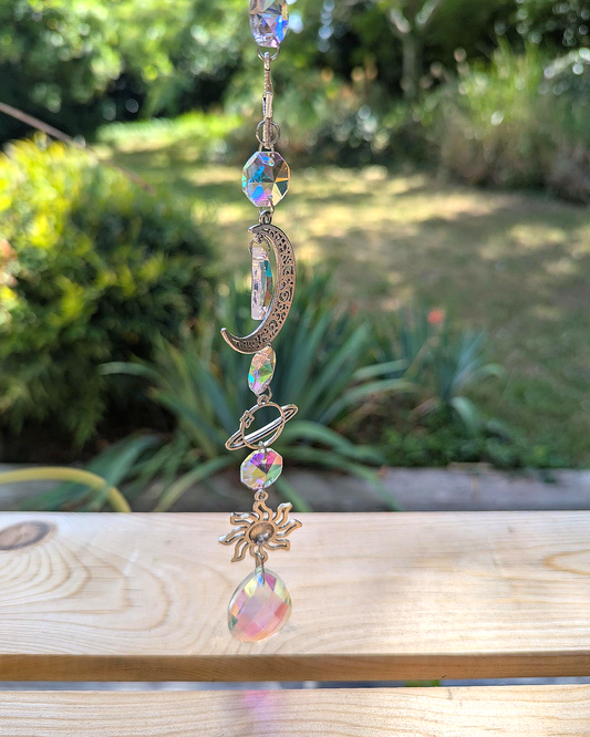 Celestial Crystal Light Catcher with Moon and Sun Charms