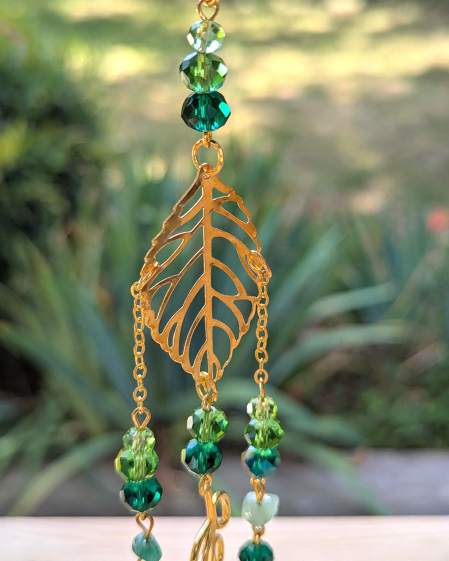 Nature Light Catcher with Golden Leaves and Green Crystals