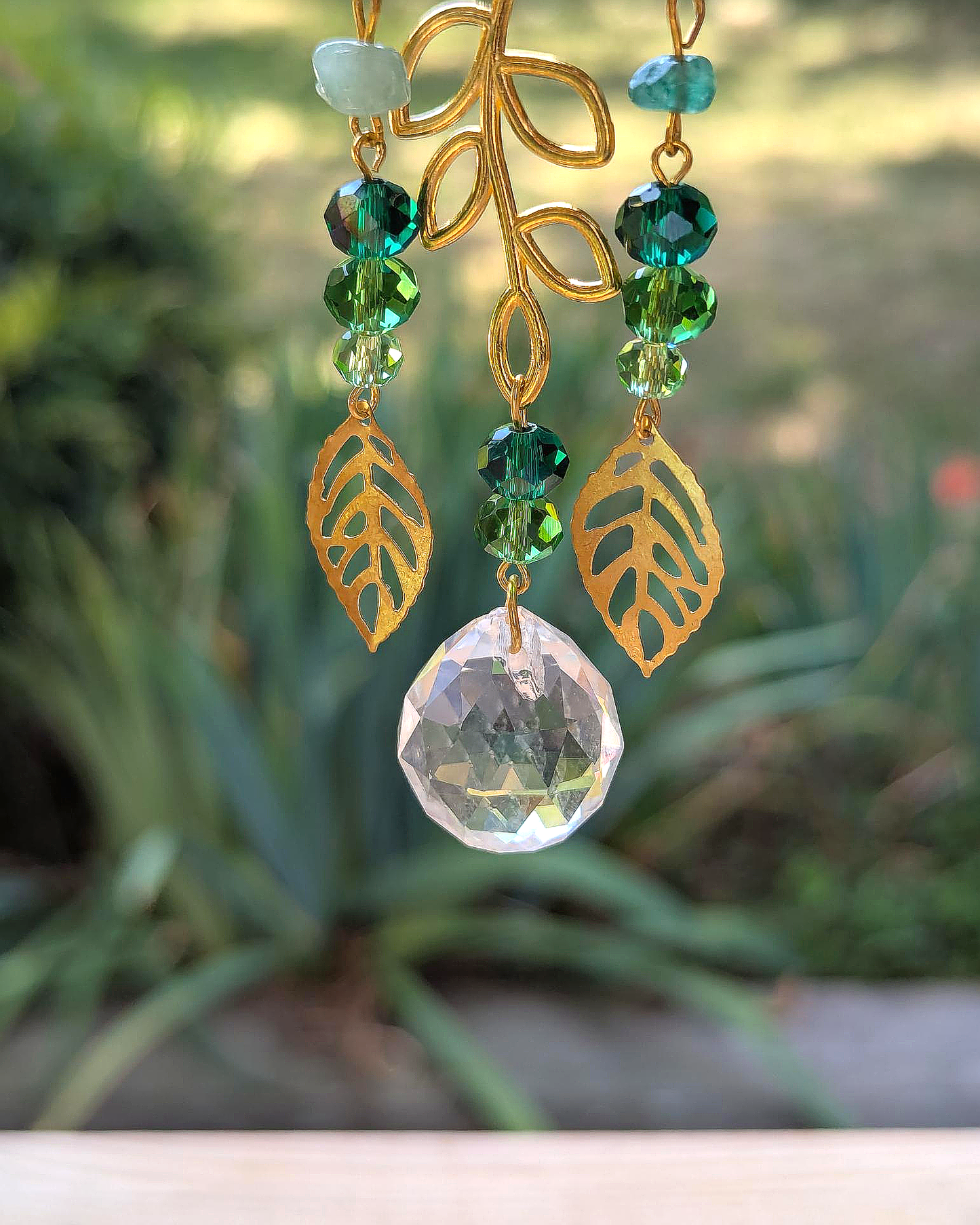 Nature Light Catcher with Golden Leaves and Green Crystals