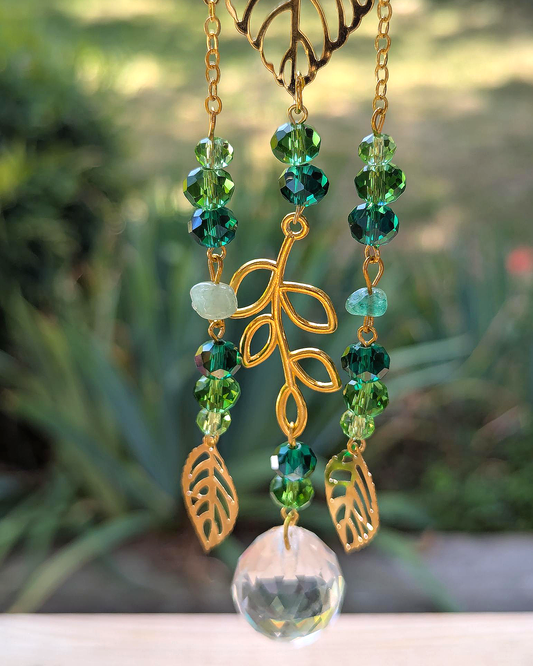Nature Light Catcher with Golden Leaves and Green Crystals