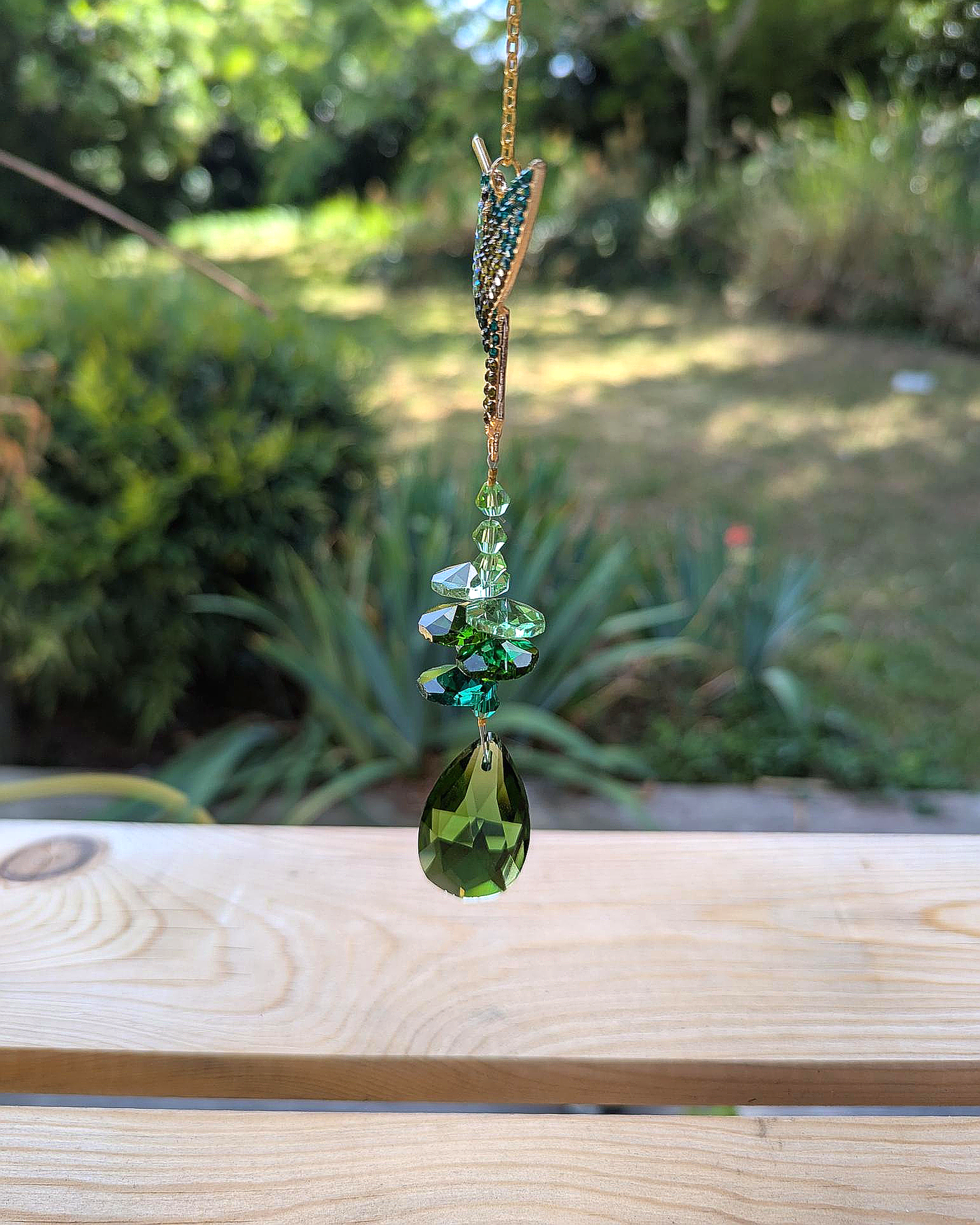 Hummingbird Crystal Light Catcher with Green Gem Accents