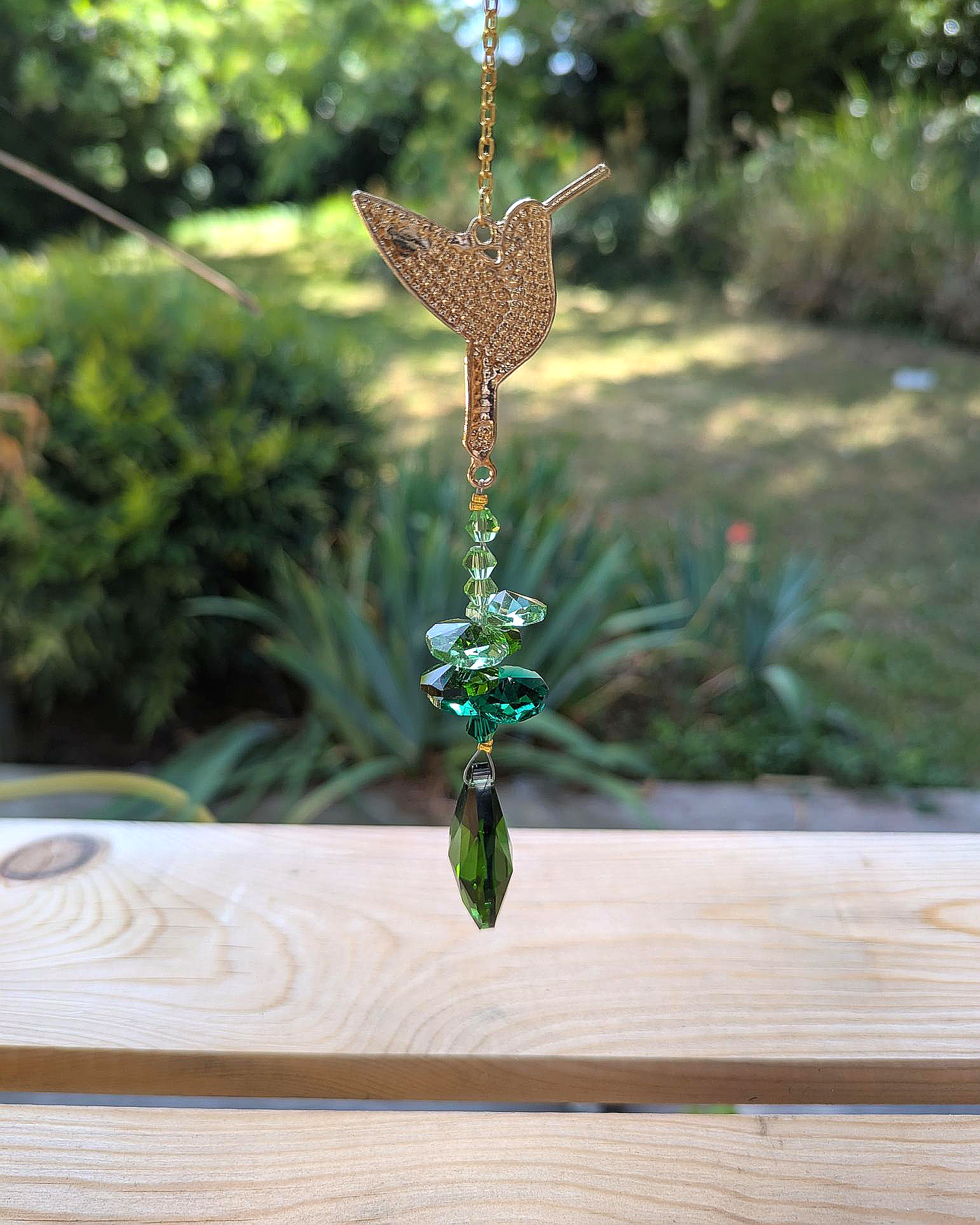 Hummingbird Crystal Light Catcher with Green Gem Accents