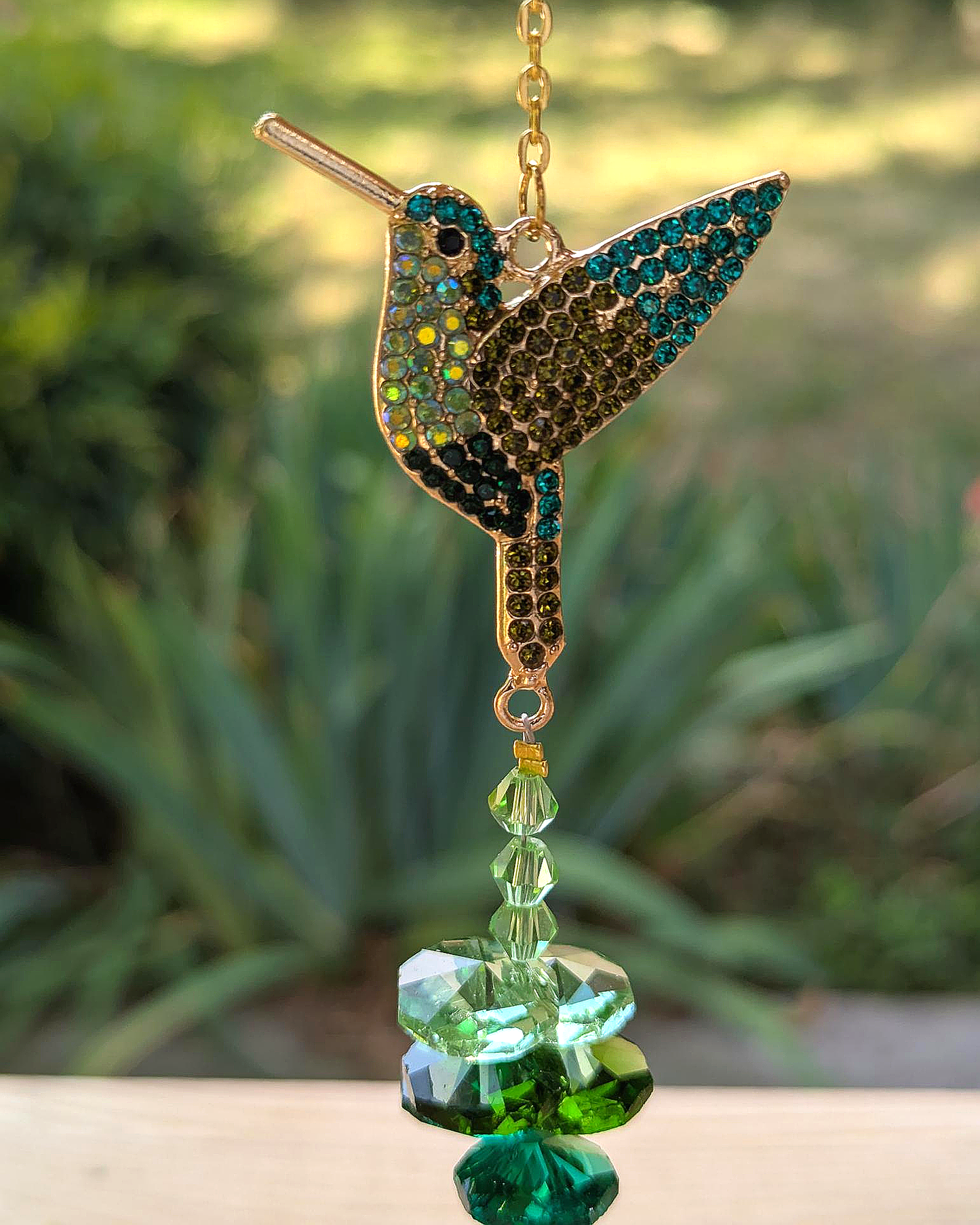 Hummingbird Crystal Light Catcher with Green Gem Accents