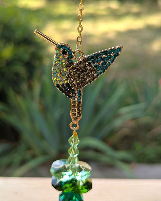 Hummingbird Crystal Light Catcher with Green Gem Accents