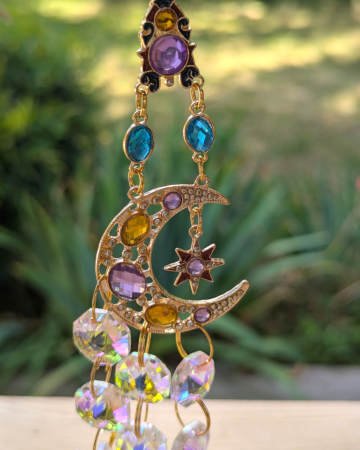 Moon Crystal Light Catcher with Multicolor Hanging Gems