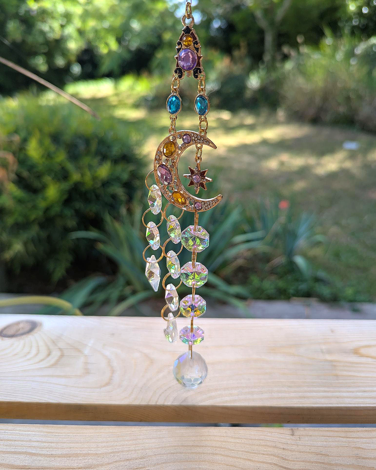 Moon Crystal Light Catcher with Multicolor Hanging Gems