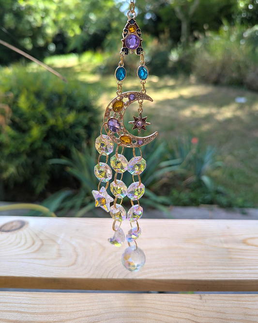 Moon Crystal Light Catcher with Multicolor Hanging Gems