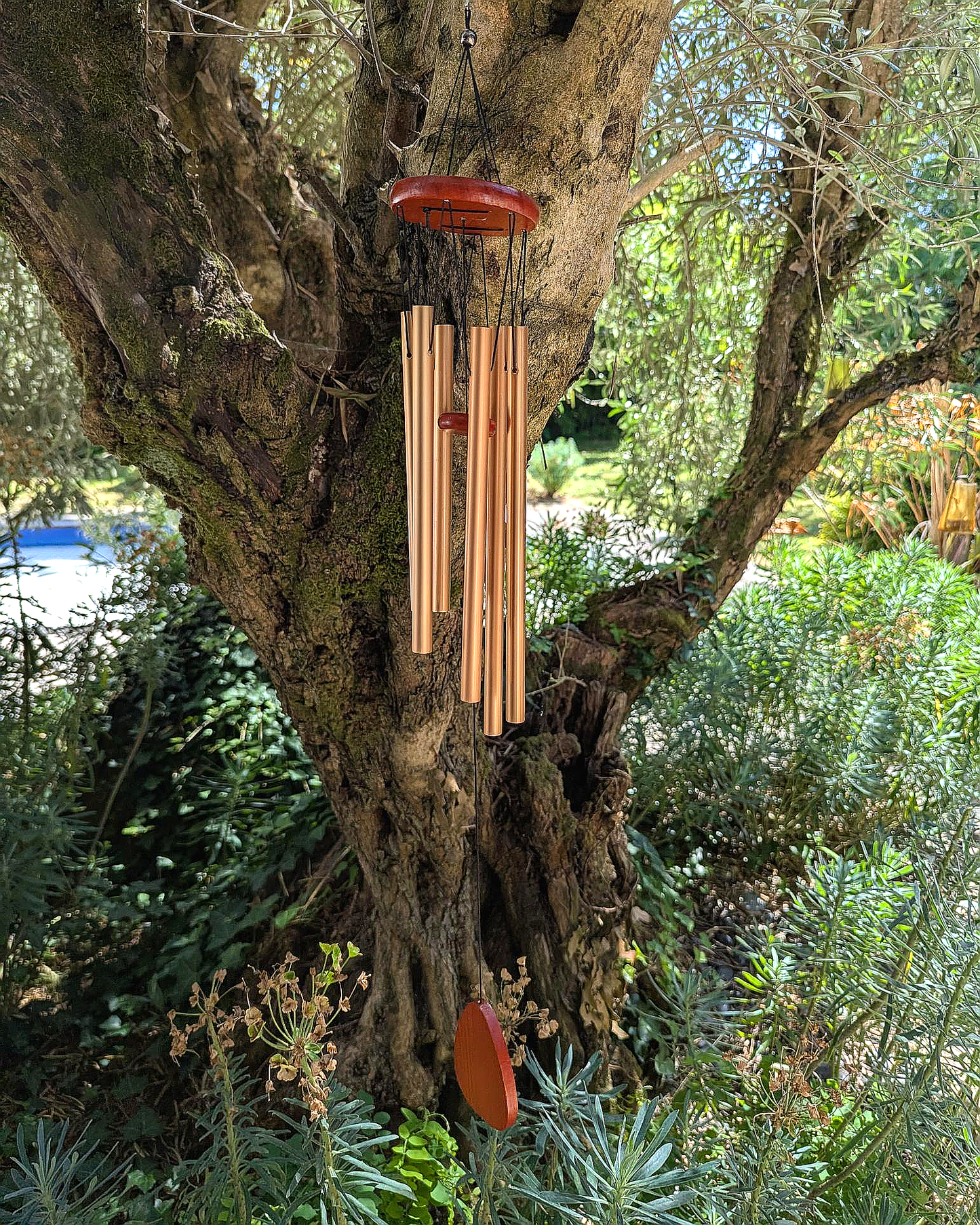 Copper-Tone Six Tube Wind Chime with Red Wood Accents