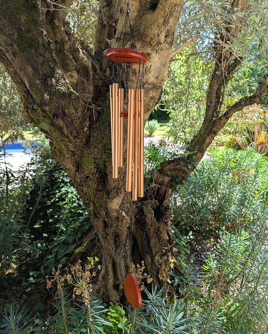 Copper-Tone Six Tube Wind Chime with Red Wood Accents