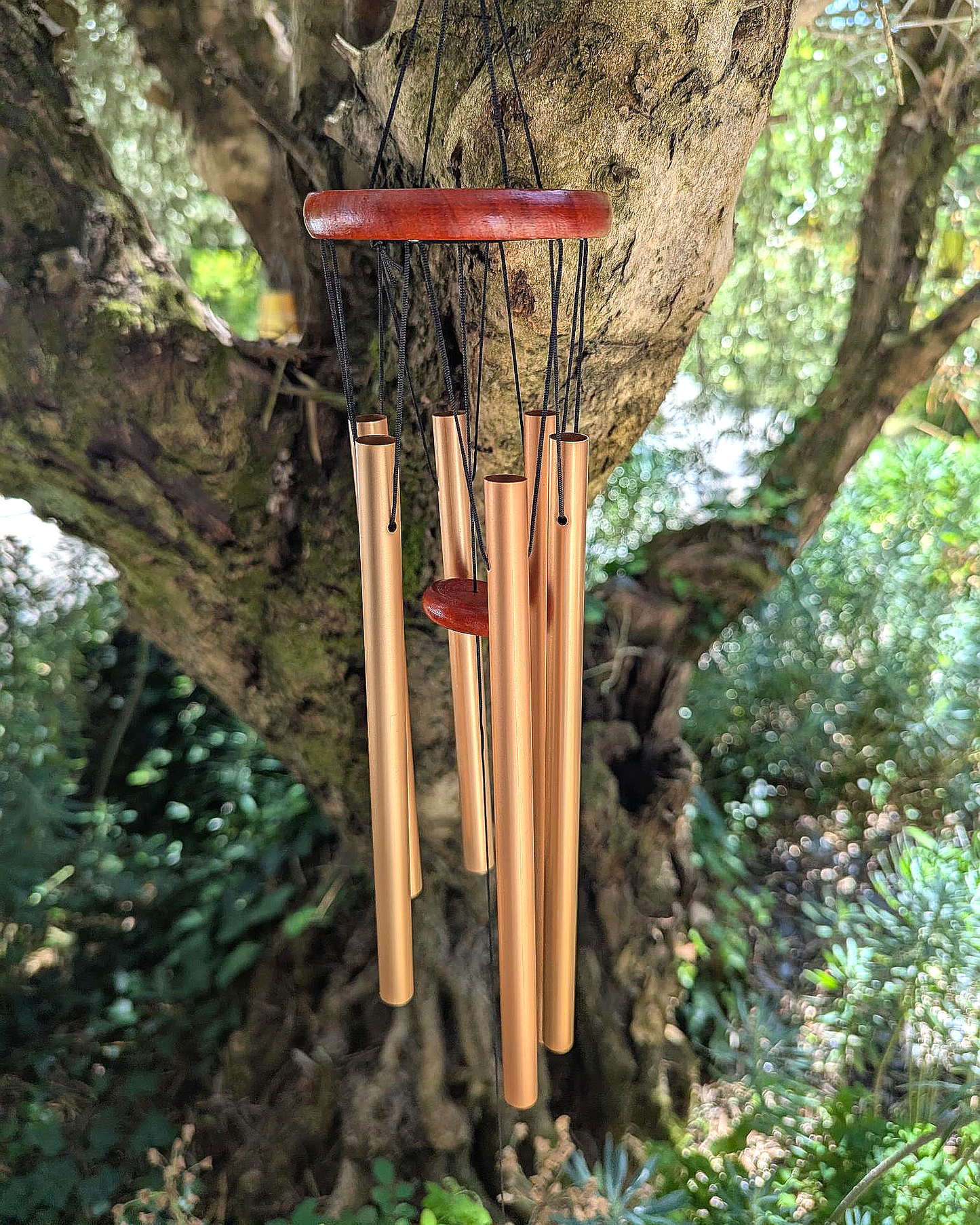 Copper-Tone Six Tube Wind Chime with Red Wood Accents