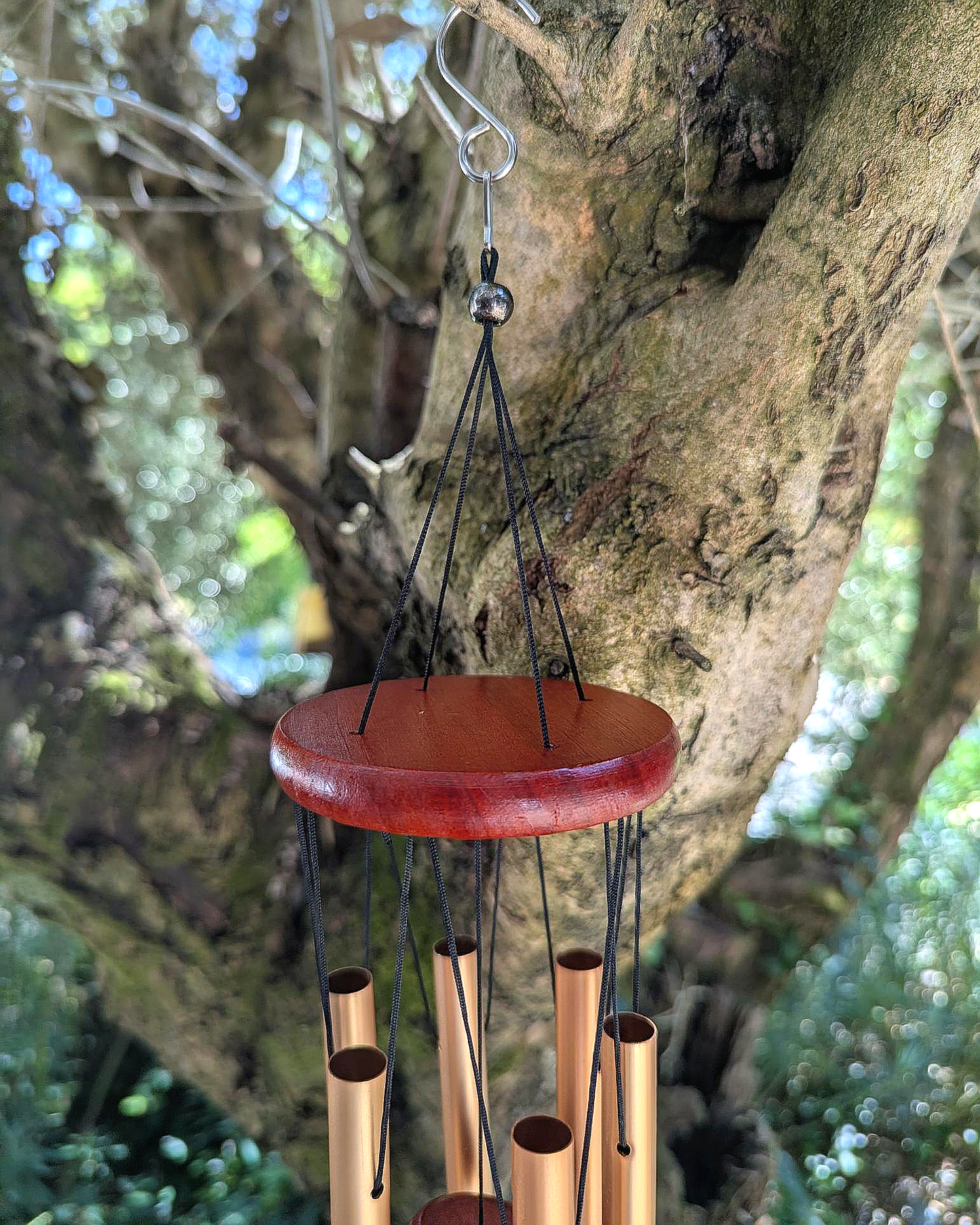 Copper-Tone Six Tube Wind Chime with Red Wood Accents
